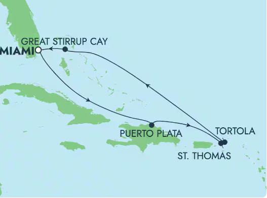 Norwegian Aqua 7-Day Caribbean itinerary map — Dominican Republic, Virgin Islands, and Bahamas